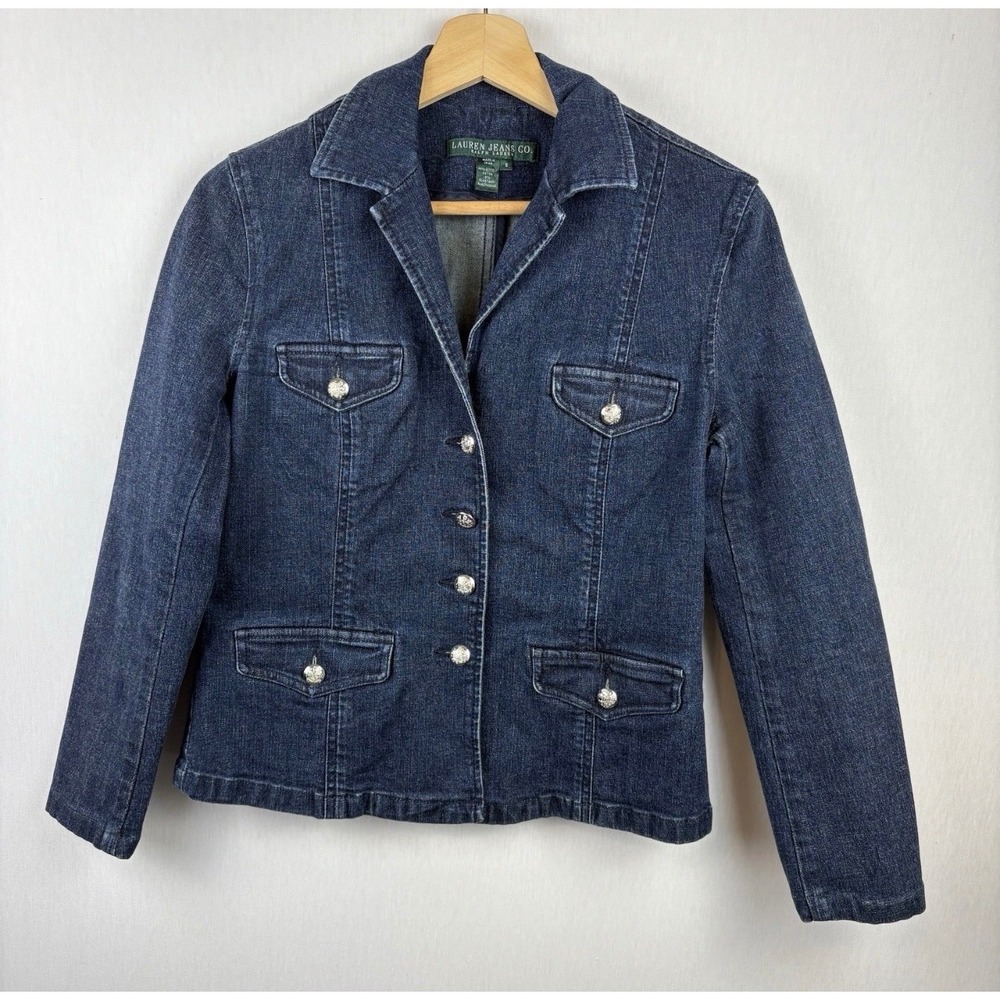 Lauren Jeans Co Ralph Lauren Denim Jacket Women Small Blue Silver Button Stretch